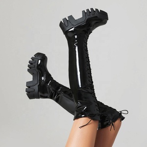 Botas de plataforma con cordones y punta cuadrada, tacón de cuña de suela gruesa, talla grande 44, para mujer, ajuste ancho, hasta la rodilla, estilo casual - Product Image 5