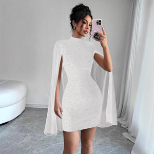 Yeni İlkbahar ve Yaz için Kadınlar İçin Işıltılı ve Muhteşem Dik Yaka Şifon Kollu Pul Payetli Dar Kesim Zarif Parti Mini Elbisesi - Product Image 2