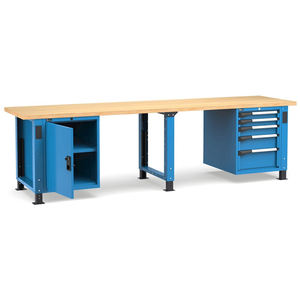 Banco de trabajo regulable Fami Master 300cm en color azul con encimera de madera, puerta y 5 cajones - Product Image 1