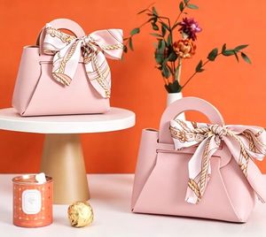 Luxury PU Leather <b>Wedding</b> Candy <b>Box</b> with Silk Scarf Bow Custom Portable <b>Gift</b> Pouch for Party Favors - Product Image 1