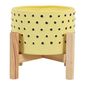 Maceta de cerámica sobre soporte de madera, amarilla con puntos negros, para orquídeas y plantas de interior y exterior. - Product Image 3