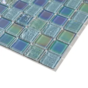 Foshan Factory Custom Blue Color Iridescent Glass Mosaic Pool Tile For Bathroom And Toilet