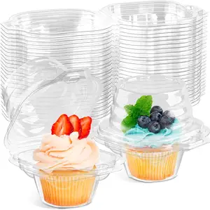 Caixas plásticas claras do bolo com abóbada profunda tampas suportes empilháveis do queque único portador do muffin