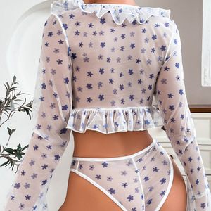 Venta al por mayor de fábrica: Conjunto de lencería de encaje transparente con bordado floral de alta calidad, 3 piezas, para cubrir el bikini o traje de baño. - Product Image 6
