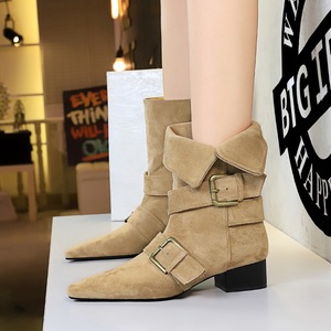 Retro Western Style 2026 Pointed Toe Belt Buckle Thick Heel Suede Fashion Women's Ankle <b>Boots</b> - Product Image 4