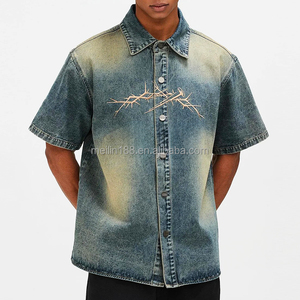 Produttore di abbigliamento personalizzato in Denim Crop Top Box Fit con Zip camicie di <span class=keywords><strong>Jeans</strong></span> a maniche corte ricamate di alta qualità - Product Image 2