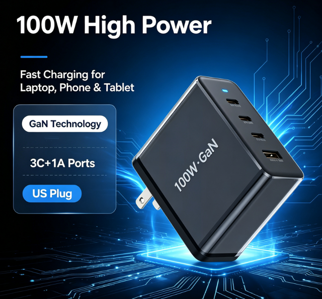 100W GaN Fast Charger 4 Port USB C USB a PD Power Adapter US Plug Wall Charger for Laptop Mobile Phone