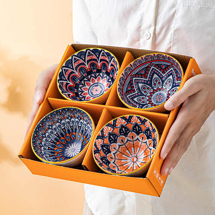 Bohemian Style 4Pcs Colorful Ceramic Rice Chopsticks Bowl Gift Set Eco-Friendly Dishwasher Safe Dinnerware Sets