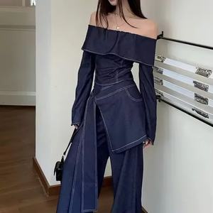 Ensemble 2 pièces tendance en jean : haut décontracté à col rond et pantalon large – Nouvelle collection, succès de vente - Product Image 1