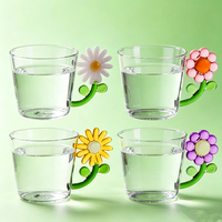 Tasse en verre à pétales en gros, personnalisée, résistante à la chaleur, en verre borosilicate, pour café, lait, avec poignée fleur 3D