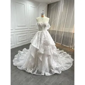 Princesse Blush rose volants chérie robe de mariée une ligne hors épaule Corset dentelle florale Applique cathédrale Train robe de mariée