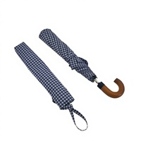 Parapluie pliant semi-automatique compact à 8 baleines, motif vichy bleu et blanc, pour usage quotidien, avec poignée longue manuelle et crochet en J