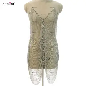 WDP-486 Keering New design silver crystal chain Metallic Fringe front bodice rhinestone applique for wedding dresses