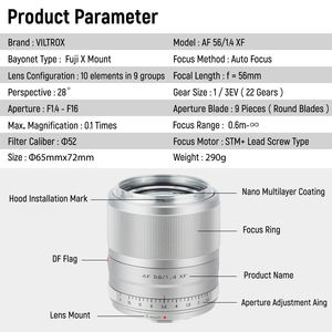 เลนส์ Viltrox 23 มม. 33 มม. 56 มม. F1.4 รูรับแสงกว้างแบบฟิกซ์ สำหรับกล้อง X-Mount ขนาด 52 มม. เส้นผ่านศูนย์กลาง 65 มม. ใช้ได้กับกล้อง X-T4 X-T30 ของ DF Wholesale - Product Image 6