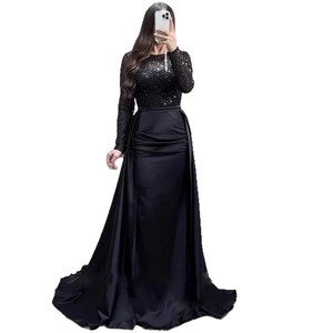 Evening Gown Long Sleeve <b>Sequined</b> Sweetheart Neckline Natural Waist Satin <b>Skirt</b> Formal Party Dress Women - Product Image 5