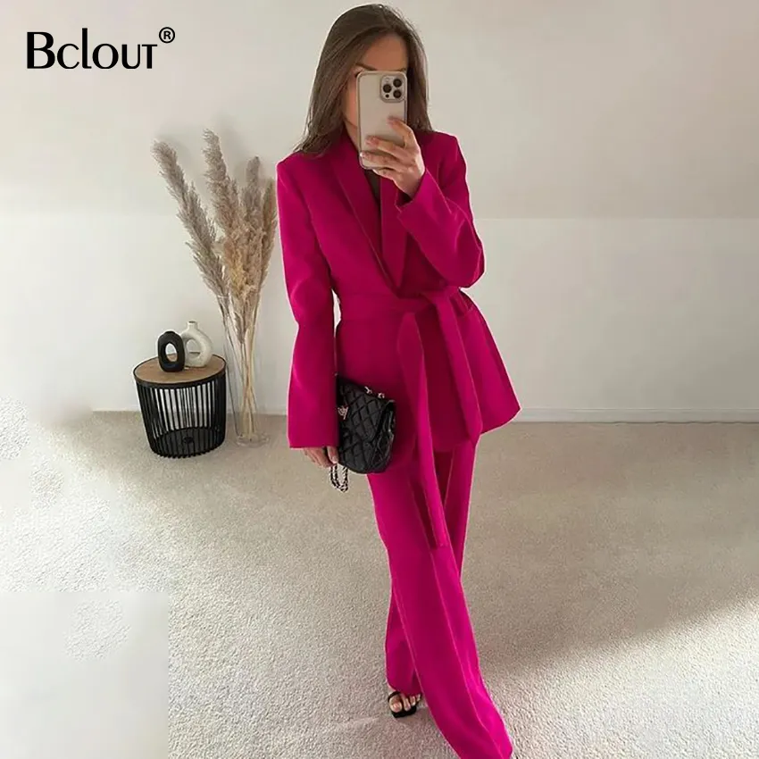 Bclout Dames Veters High Street Chique Bovenkleding Lente Ol Casual Lange Mouwen Roze Blazer Met Riem Voor Dames Blazer Jassen