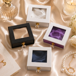 Elegant Square Customizable Color Paperboard Jewelry <b>Box</b> Clear Window Crystal Knob Purple Interior Drawstring Closure Drawer - Product Image 4