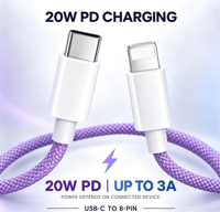 Kabel Data Pengisian Daya Multi Warna 20W PD USB C ke 8-Pin 3A Nylon Braided 1M 1.5M 2M Grosir