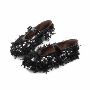 Chaussures <span class=keywords><strong>de</strong></span> ballet pour femmes en sequins noirs <span class=keywords><strong>de</strong></span> luxe 2024, mélange <span class=keywords><strong>de</strong></span> plumes, légères, antidérapantes, bout rond, plates, chaussures Mary Jane - Product Image 4