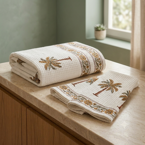 Juego de 1 Toalla de Baño y 2 Toallas de Mano de Algodón Waffle Estampadas a Mano, Reversibles, Hechas a Mano, para Hogar y Hotel - Product Image 2
