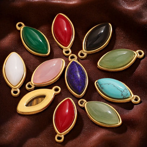 Pendentif en forme de marquise en acier inoxydable plaqué or PVD pour la fabrication de bijoux |   Œil de tigre, obsidienne, agate, turquoise - Product Image 2