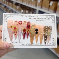 Tacana 10 pièces Faux ongles à presser faits main, longs, motif cœur, serpent doré, cristal, French, estampage 3D doré, couverture complète