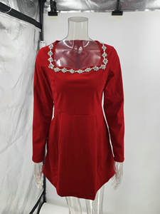 Vestido de Fiesta Mini para Mujer 2026, Elegante, Tejido Sólido, Cuello Cuadrado, Manga Larga, Cintura Alta, Decoración de Pedrería, Corte en A - Product Image 3