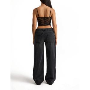 Jeans décontractés pour femmes de haute qualité OEM, coupe basse, coupe décontractée, jeans noirs lavés - Product Image 3