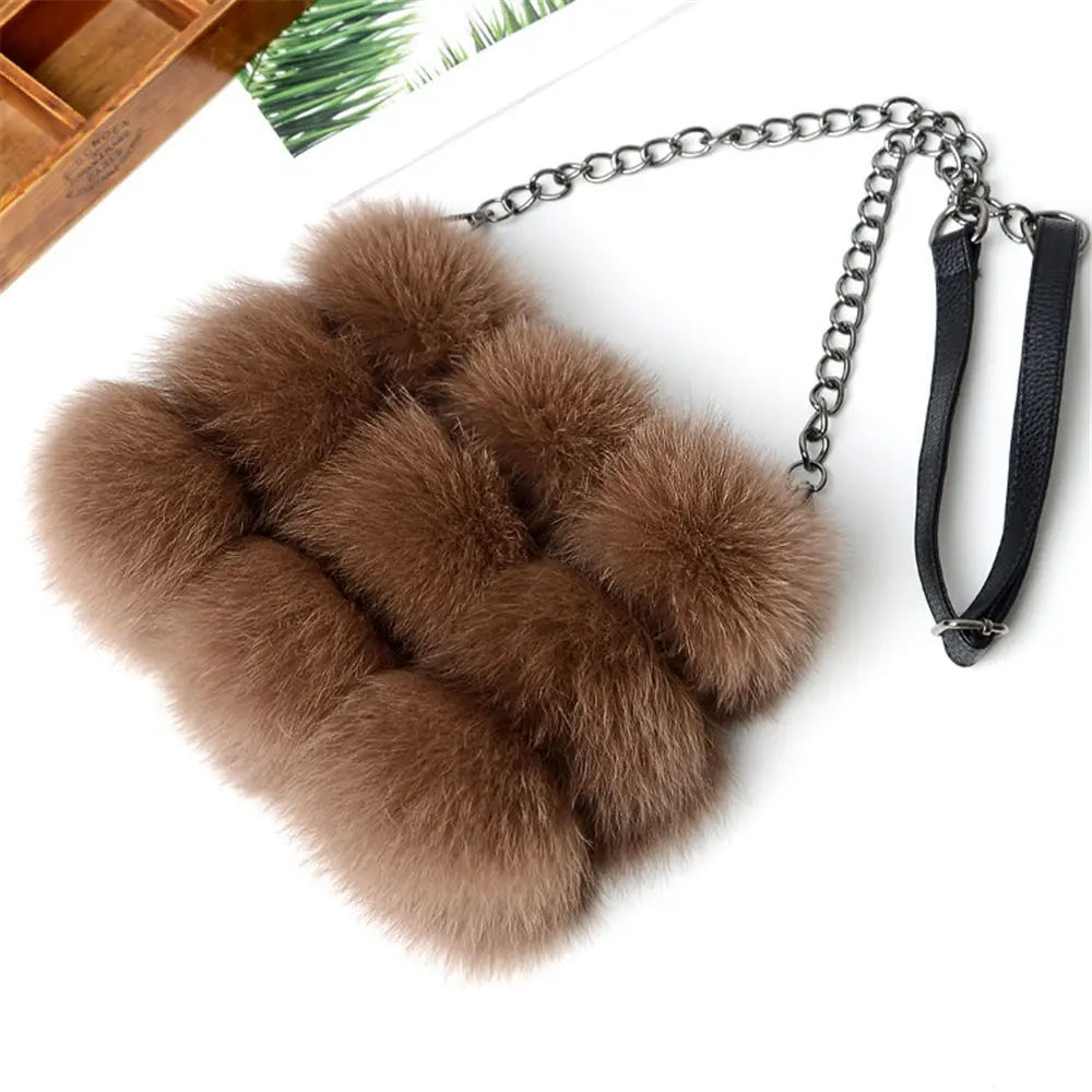 Custom Design Lady Handbag Real Fox Fur Bag Long Metal Chain Shoulder Bag