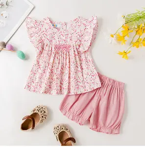 Custom Floral Cotton Outfit Summer Newborn Infant Toddler Girl Clothes Floral Smocked Top with Bloomers