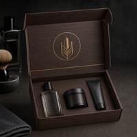 Boîte cadeau en papier auto-scellante pour cosmétiques masculins, motif grain de bois, avec logo doré, emballage personnalisé pour crème après-rasage et produits de toilettage