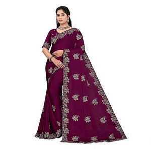 Sari en satin et mousseline pour femme Vexotrend, broderie Swarovski, style traditionnel, séchage rapide, sans plis, coupe classique, toutes saisons - Product Image 1