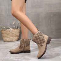 Bottines à talon bas et bout rond pour femmes, design à découpes en grille, fermeture éclair latérale, poignées de traction, chaussures tendance