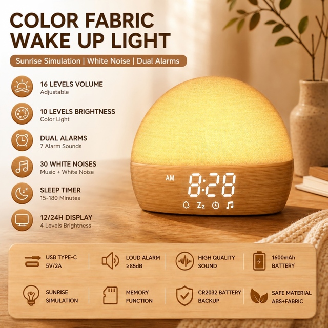 IBN Simulated Sunrise Wake-Up Lamp Alarm Clock with 30 Types White Noise 3000-5000mAh Battery 5-10W Output