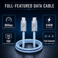 Câble de données USB-C multifonctionnel en gros 240W 80Gbps 16K Ultra HD bleu clair en nylon tressé blindé pour charge rapide d'ordinateurs portables OEM ODM
