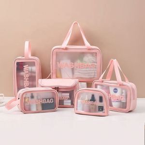 Trousse de toilette étanche en PVC avec logo personnalisé, trousse de maquillage pour femmes, sacs de cosmétiques transparents de voyage pour filles roses - Product Image 6