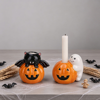 Redeco Porte-bougie en céramique en forme de citrouille fantôme, support pour bougie chauffe-plat d'Halloween, décor de table mignon Jack-o'-lantern pour la maison