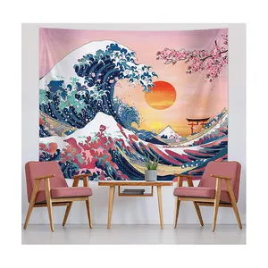 2023 Die große Welle japanischen Ozean Kirschblüte Sonnen untergang Berg hängen Kanagawa Wandteppich für Wohnzimmer Schlafzimmer