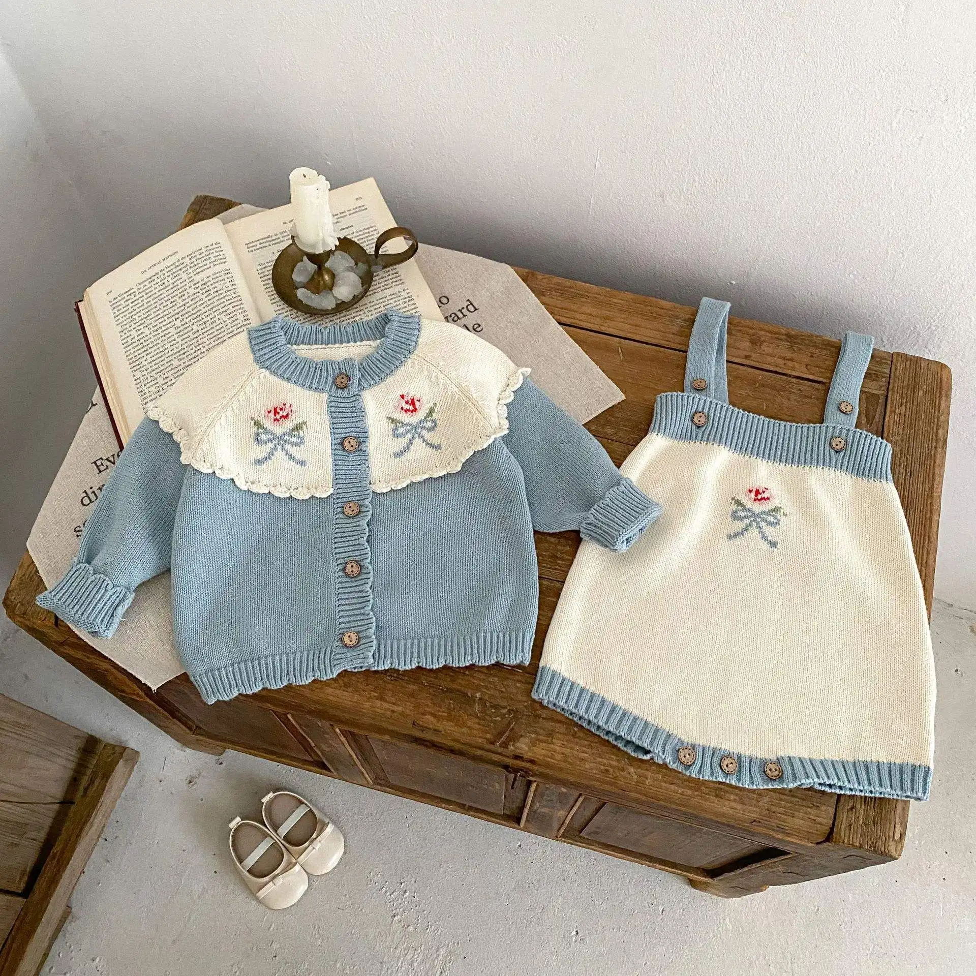Engepapa sonbahar bebek işlemeli triko yenidoğan tığ jakarlı örgü ceket bebek kız örme giyim seti