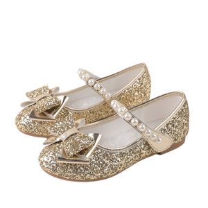 2025 nuove ragazze principessa <span class=keywords><strong>scarpe</strong></span> da festa in oro <span class=keywords><strong>Glitter</strong></span> pelle con cinturino di perle e fiocco per la scuola di Performance di compleanno - Product Image 2