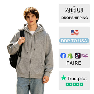 Sweat-shirt à capuche gris avec fermeture éclair, 100% coton, décontracté, couleur unie, coupe ample, respirant, 320g, tricoté, pour homme - Product Image 2