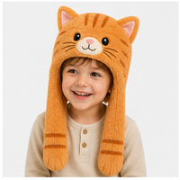 Topi Boneka Kucing Tabby Oranye dengan Penutup Telinga |   Topi Musim Dingin Boneka Hewan Lembut OEM Kustom Grosir untuk Anak-anak