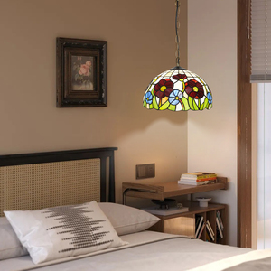 Lampadario in Stile Rustico di Ultima Generazione con Paralume in Vetro Colorato Tiffany a Forma di Fiore di Papavero per Caffetteria - Product Image 3