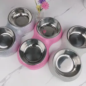 Gran oferta, comedero personalizado para perros, cuenco de comida para perros brillante de cristal con diamantes de imitación para gatos pequeños y perros