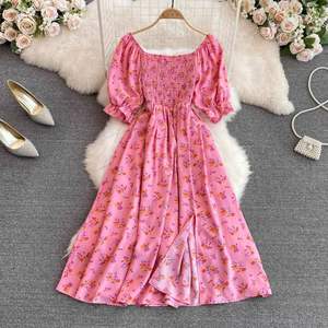 Vestido Casual Floral de Manga Corta Maxfree para Mujer, Vestido Midi con Mangas Abullonadas y Cintura Alta, Vestidos Dulces para Chicas - Product Image 3