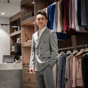 Traje de hombre a medida transfronterizo gris a rayas, corte ajustado, doble botonadura, con cuentas, para banquetes, negocios, formal, de <span class=keywords><strong>caballero</strong></span> - Product Image 4