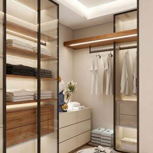 Armoire ouverte BALOM, design moderne et luxueux, avec porte en verre, cadre en métal noir, armoire en bois beige, dressing - Product Image 2