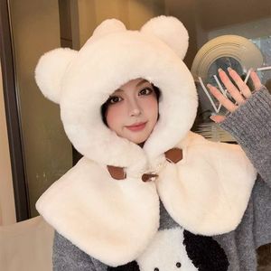 White Plush <b>Bear</b> Hat With Shawl Neck Warmer For Women Winter Warm Hoodie Style Commute Accessory - Product Image 1