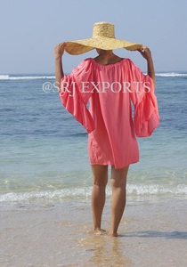Robe Courte Chic Bohème Femme, Coupe Trapèze, Manches Cloche, Broderie Ethnique, Organza, Dentelle, Pompons, Col à Nouer, Sans Bretelles, Plage, Sexy - Product Image 2
