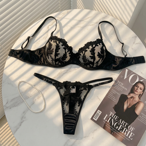 Wholesale Women's Black Floral Embroidery Sheer Mesh Bra and Thong <b>Set</b> 2 Piece Lace Plus Size Lingerie <b>Set</b> <b>Sexy</b> Bra <b>Set</b> - Product Image 2